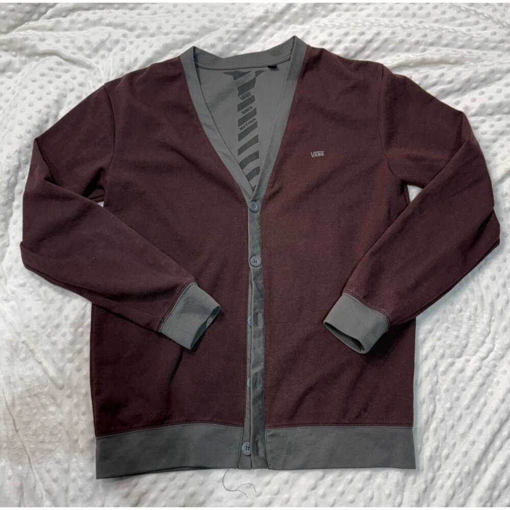 Vans Button-Up Cardigan Mens Size L Maroon/Gray TIE Print Inside Grandpa Sweater